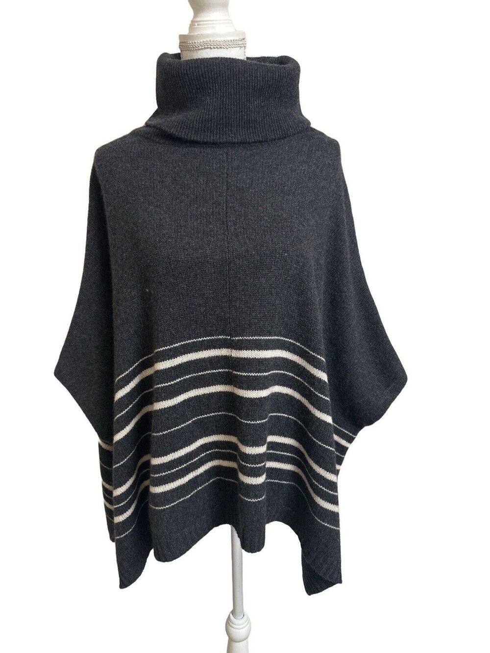 360 Cashmere Women's XS Oversized Gray & White Striped Turtleneck Poncho